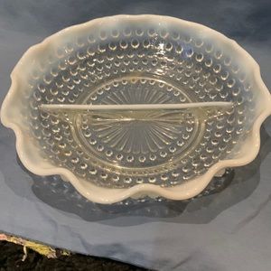Vintage Hobnail Relish Dish Clear W/ White Around Edge